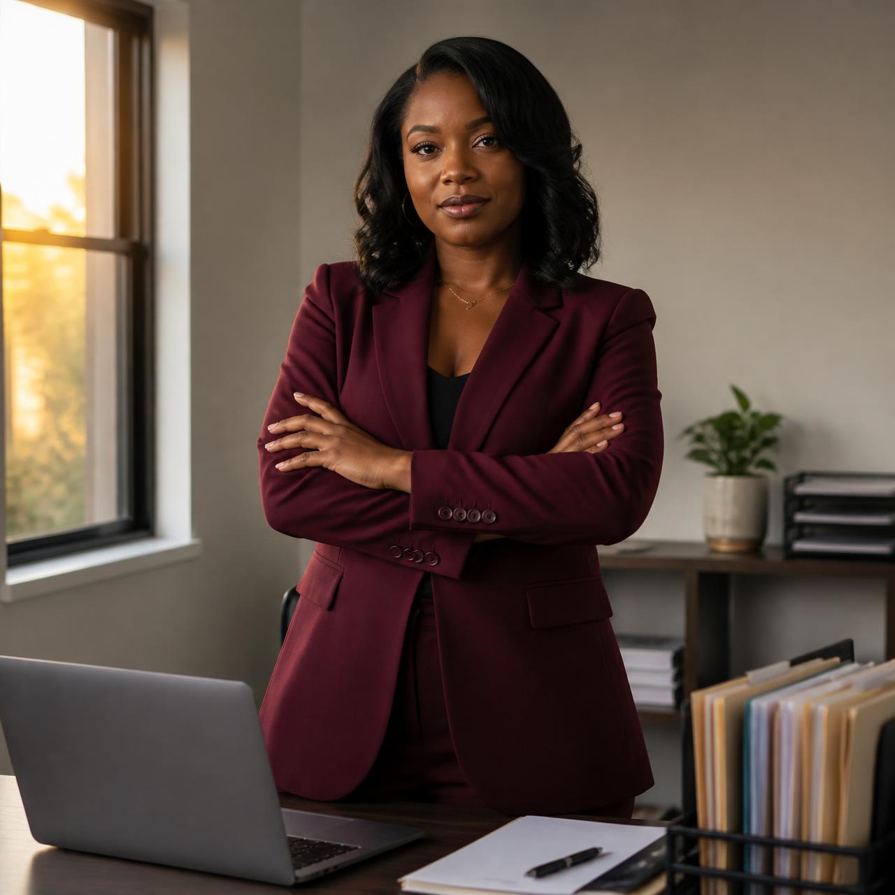 Tax professional standing in her office beside client folders and a laptop